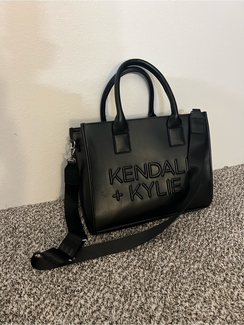 Kendall & Kylie Black Embossed Logo Satchel with Detachable Strap